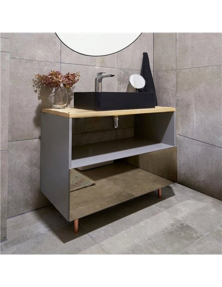 Honey Furniture vannas istabas skapītis The Copper Fog, ar atjaunota koka virsmu, plašu 3 nodalījumu atvilktni, kluso aizvēršanu