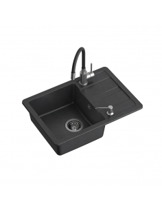 READY- SMART BLACK granite kitchen sink 1-bowl z/o (62x44x17,5) + flexible faucet + liquid dispenser + siphon