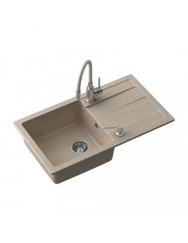 READY MAX BEIGE - composite sink + manual siphon + flexible stainless steel faucet + liquid dispenser
