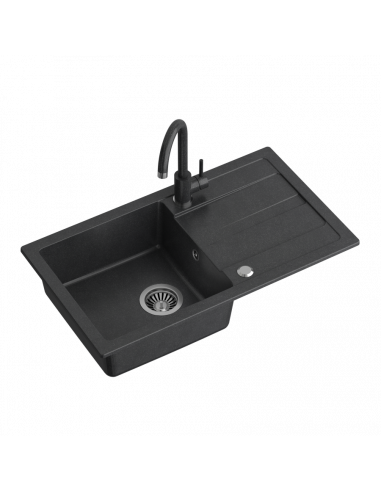 GO- MAX BLACK granite kitchen sink 1-bowl z/o (77x44x17,5) + faucet + manual siphon and plug