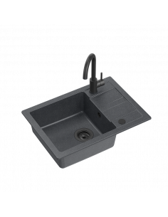 GO- SMART VERY BLACK granite kitchen sink 1-bowl z/o (62x44x17,5) + faucet + manual siphon and plug