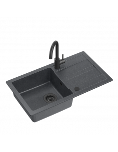 GO- MAX VERY BLACK granite kitchen sink 1-bowl z/o (77x44x17,5) + very black faucet + manual siphon and plug very black
