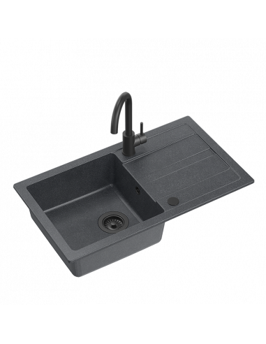 GO- MAX VERY BLACK granite kitchen sink 1-bowl z/o (77x44x17,5) + very black faucet + manual siphon and plug very black