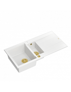 EVAN 156 1,5-bowl inset sink with drainer + Push-2-Open siphon PVD color snow white / gold elements
