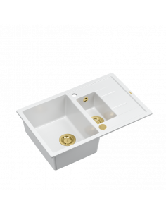 MORGAN 156 + nano PVD 1,5-bowl inset sink with drainer + save space siphon PVD colour / snow white / gold elements