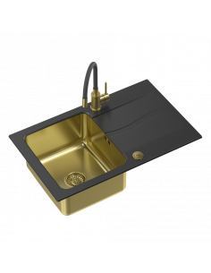 MICHAEL 111 Fusion onyx 1-bowl gold inset sink with drainer + save space siphon gold + faucet Maggie gold