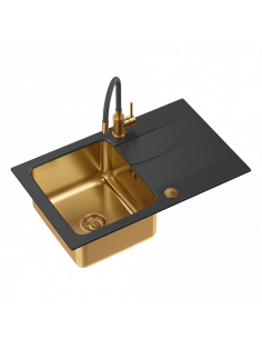 MICHAEL 111 Fusion onyx 1-bowl inset sink with drainer + save space siphon copper + Maggie faucet copper