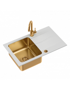 MICHAEL 111 Fusion alabaster 1-bowl inset sink with drainer + save space siphon copper + Naomi faucet copper