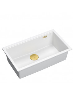 LOGAN 110 GraniteQ snow white 76x44x23,5 cm 1-bowl undermount sink with manual siphon / gold