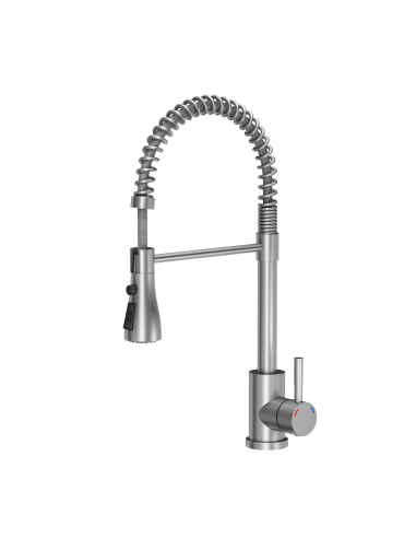 SALMA steel kitchen faucet, spring spout with shower function and temporary water flow stop, brushed steel