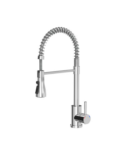 SALMA steel kitchen faucet, spring spout with shower function and temporary water flow stop, chrome
