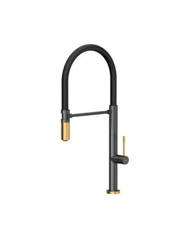 MARGOT T LINE SteelQ kitchen faucet with a movable stretch spout / graphite metal / gold nano PVD / black hose