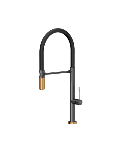 MARGOT T LINE SteelQ kitchen faucet with a movable stretch spout / graphite metal / copper nano PVD / black hose