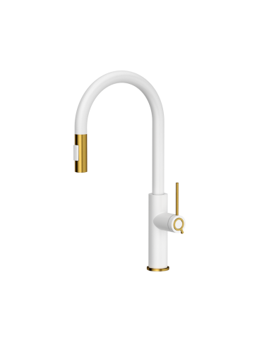 JENNIFER Q LINE SLIM SteelQ kitchen faucet with pull-out spout and shower function / snow white mat / gold nano PVD