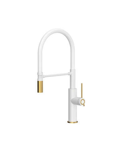 QUADRON GEMMA Q LINE SteelQ kitchen faucet with a movable stretch spout / snow white mat / gold nano PVD / white hose