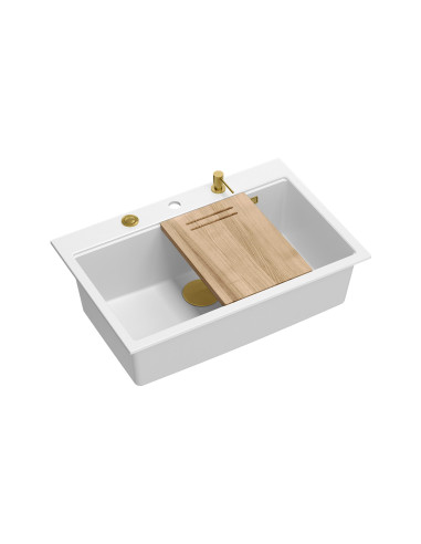 MARC WORKSTATION 1-bowl sink + Push-2-Open siphon + liquid dispenser + drain cover + wooden board snow white / gold elements