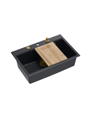 MARC WORKSTATION 1-bowl sink + Push-2-Open siphon + liquid dispenser + drain cover + wooden board pure carbon / gold elements