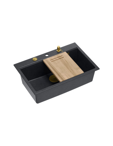 MARC WORKSTATION 1-bowl sink + Push-2-Open siphon + liquid dispenser + drain cover + wooden board black diamond / gold elements