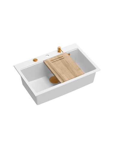 MARC WORKSTATION 1-bowl sink + Push-2-Open siphon + liquid dispenser + drain cover + wooden board snow white / copper elements