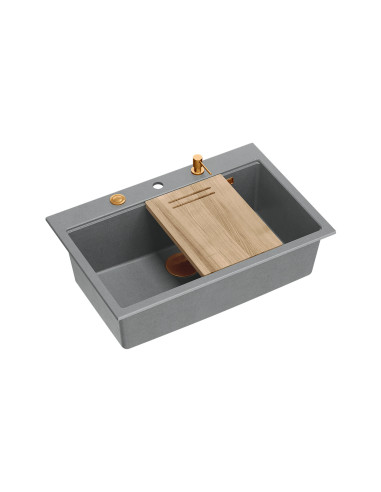 MARC WORKSTATION 1-bowl sink + Push-2-Open siphon + liquid dispenser + drain cover + wooden board silver stone / copper elements