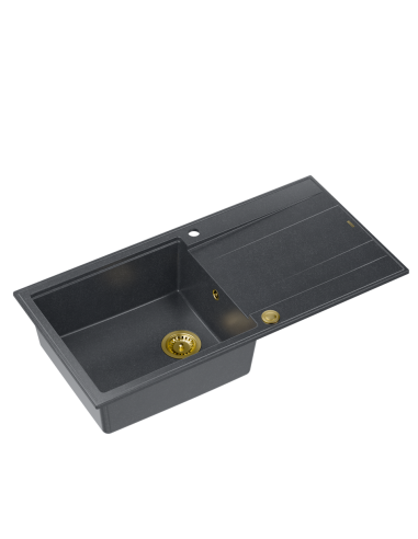 EVAN 146 XL 1-bowl inset sink with drainer + Push-2-Open siphon PVD color black diamond / gold elements
