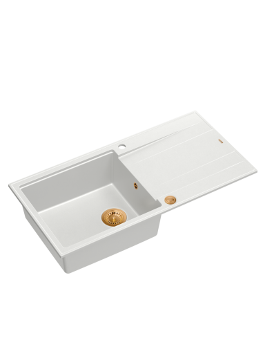 EVAN 146 XL 1-bowl inset sink with drainer + Push-2-Open siphon PVD color snow white / copper elements