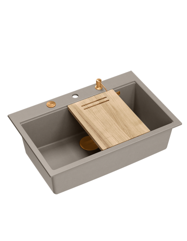 MARC WORKSTATION 1-bowl sink + Push-2-Open siphon + liquid dispenser + drain cover + wooden board soft taupe / copper elements