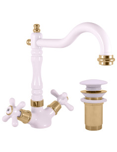 Basin mixer tap with pop-up waste MORAVA RETRO WHITE/GOLD...