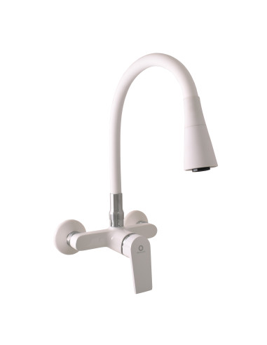 Wall-mounted sink lever mixer with flexible swivel spout with shower function - Barva bílá/chrom,Rozměr 100 mm