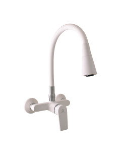 Wall-mounted sink lever mixer with flexible swivel spout...