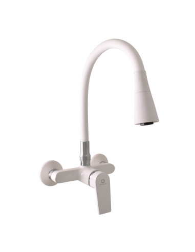 Wall-mounted sink lever mixer with flexible swivel spout with shower function - Barva bílá/chrom,Rozměr 150 mm