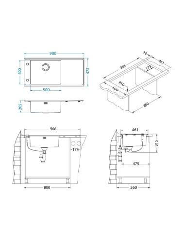 STRICTO 30 SAT QC L 980x472 iebūvēta izlietne F/S + Quick Close sifons