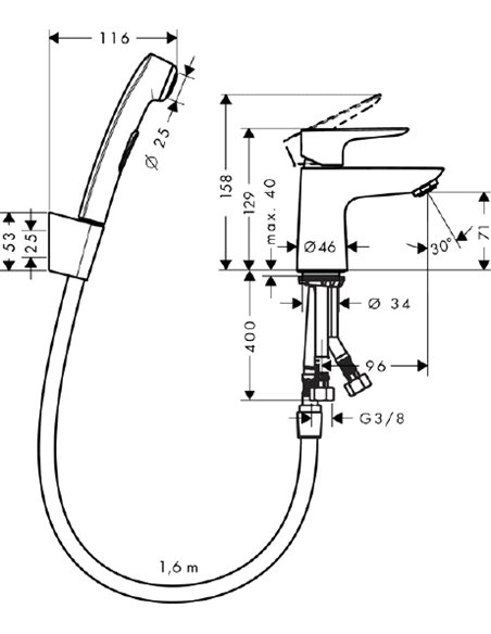 Смеситель Hansgrohe Talis E 71729000 для раковины с гигиеническим душем, с донным клапаном Push-Open - 2